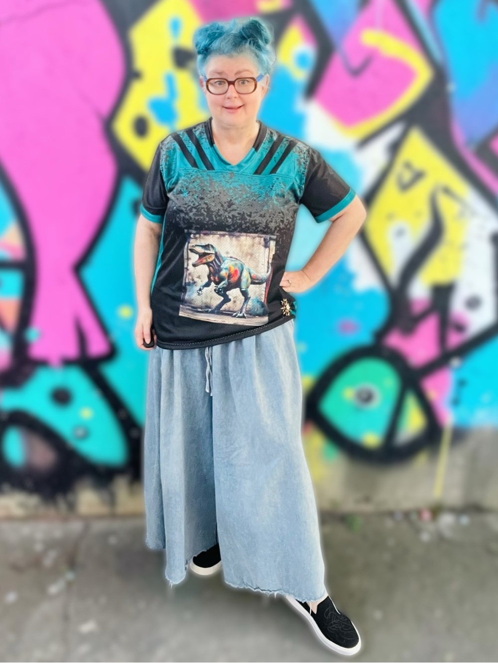 Tipsy Merch Women's Cut Football Jersey with Graffiti T-Rex in Black & Teal